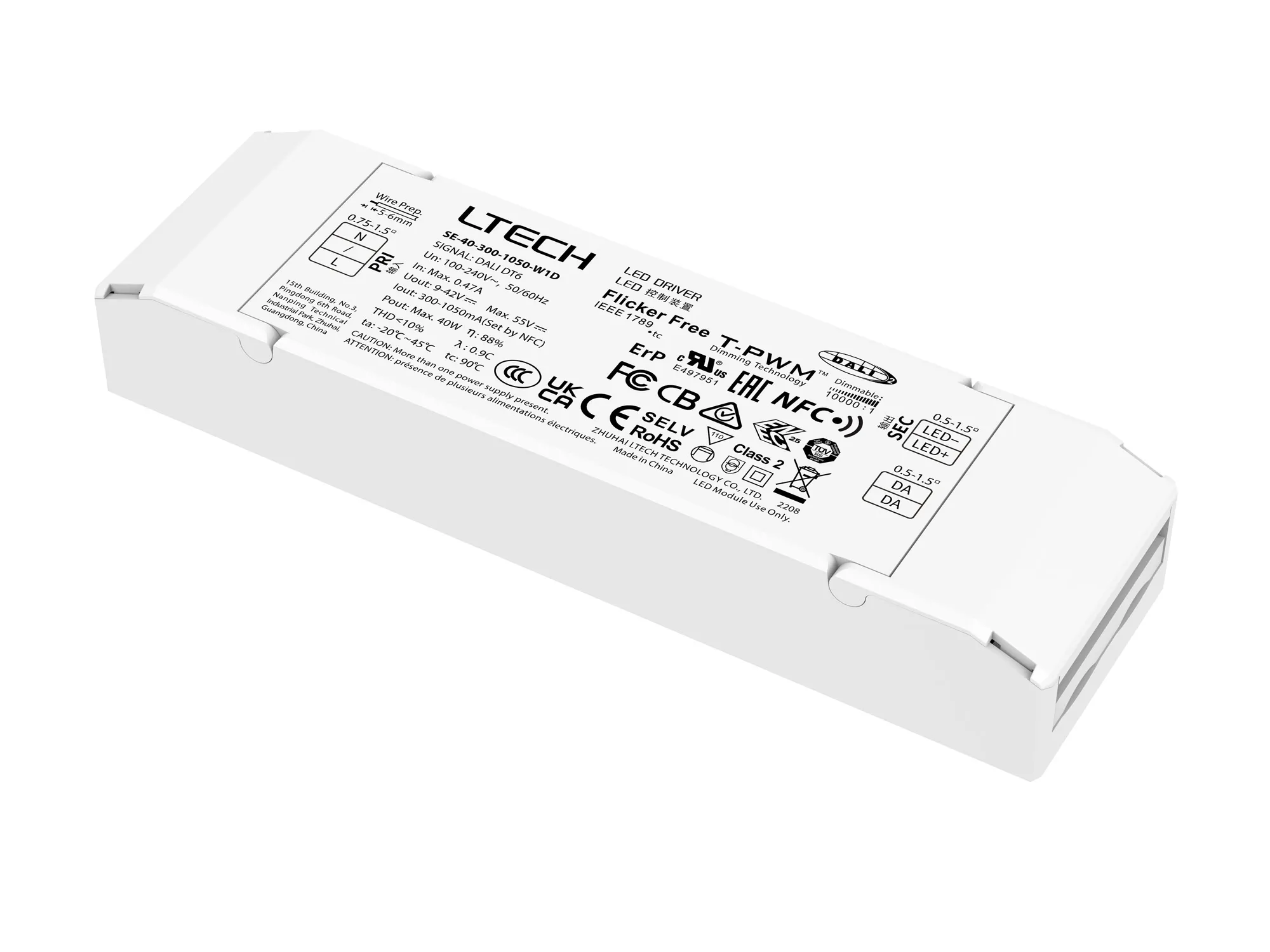 SE-40-300-1050-W1D  Intelligent LED Driver, DALI 0-100% Dim, PWM Digital Dim,DALI DT6, CC 40W 300-1050mA 9-42Vdc  100-240Vac , IP20, 5yrs Warrenty.